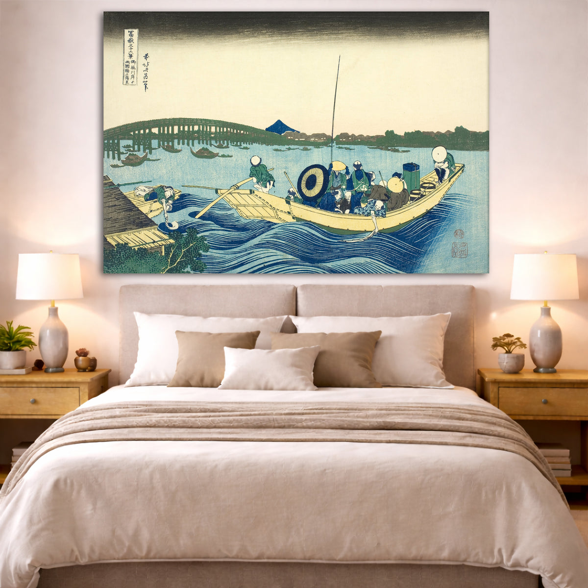 Katsushika Hokusai - Sunset at Ryogoku Bridge Giclée canvas print displayed above a bed in a bedroom interior