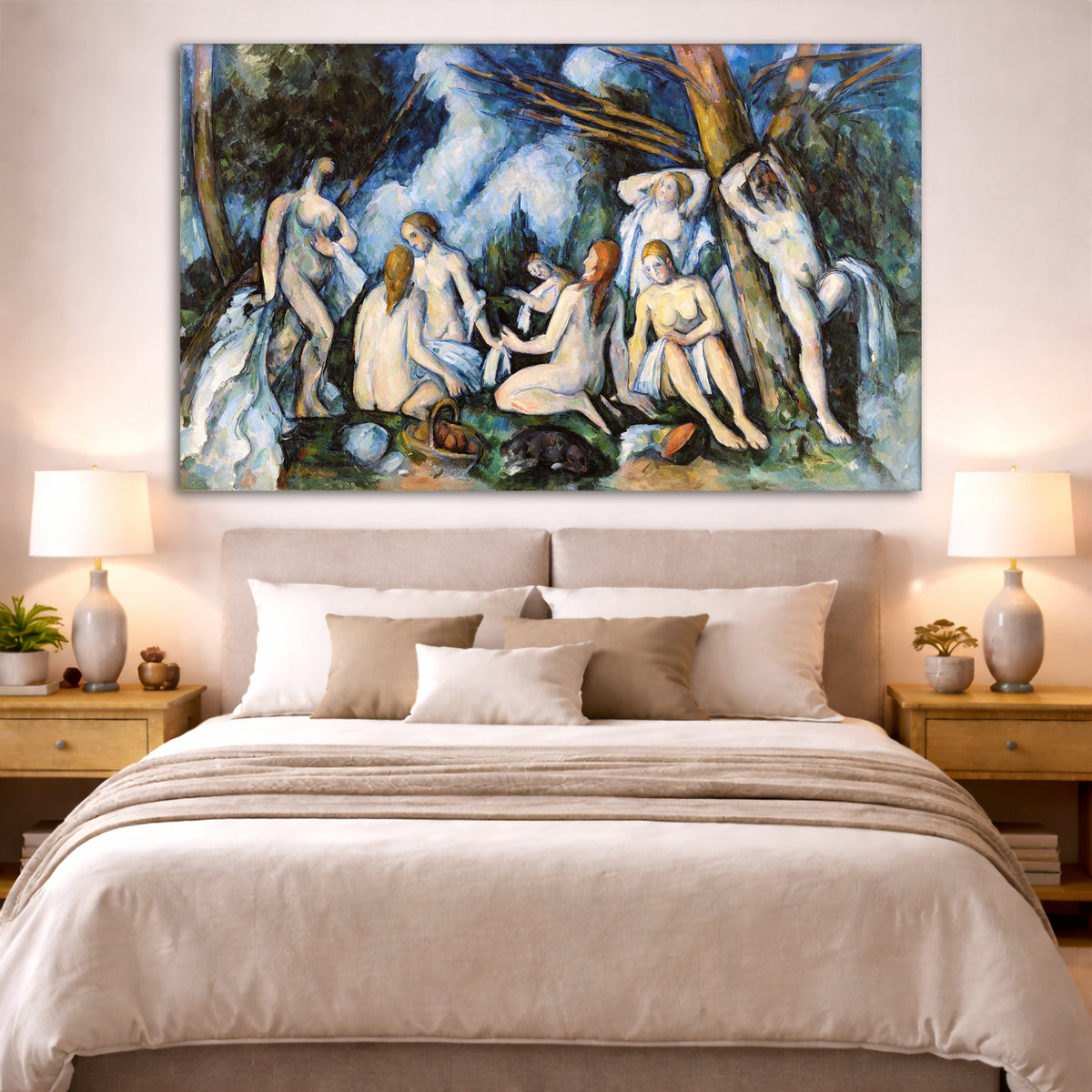 Paul Cézanne - The Large Bathers Giclée canvas print displayed above a bed in a bedroom interior
