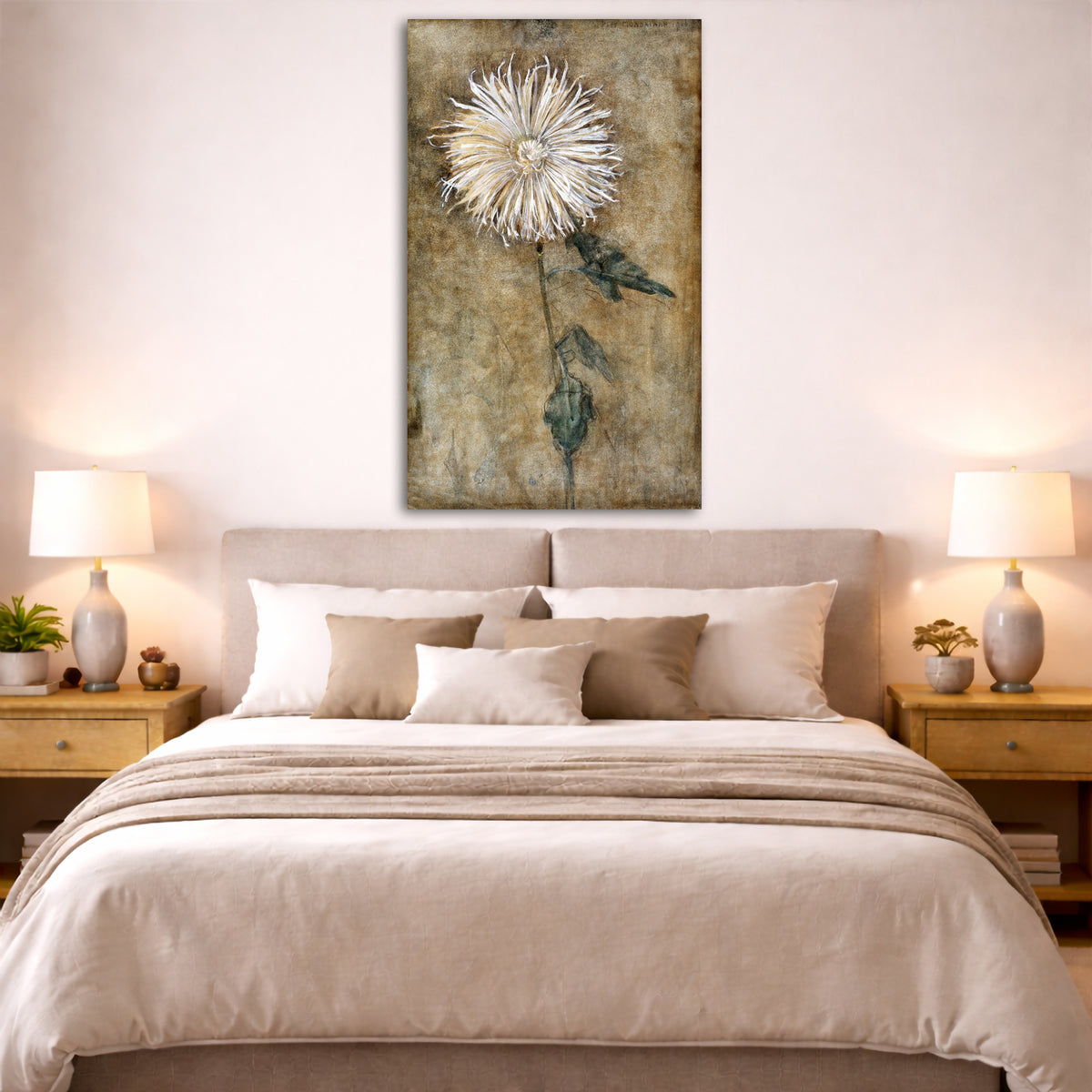 Piet Mondrian - Chrysanthemum Giclée canvas print displayed above a bed in a bedroom interior