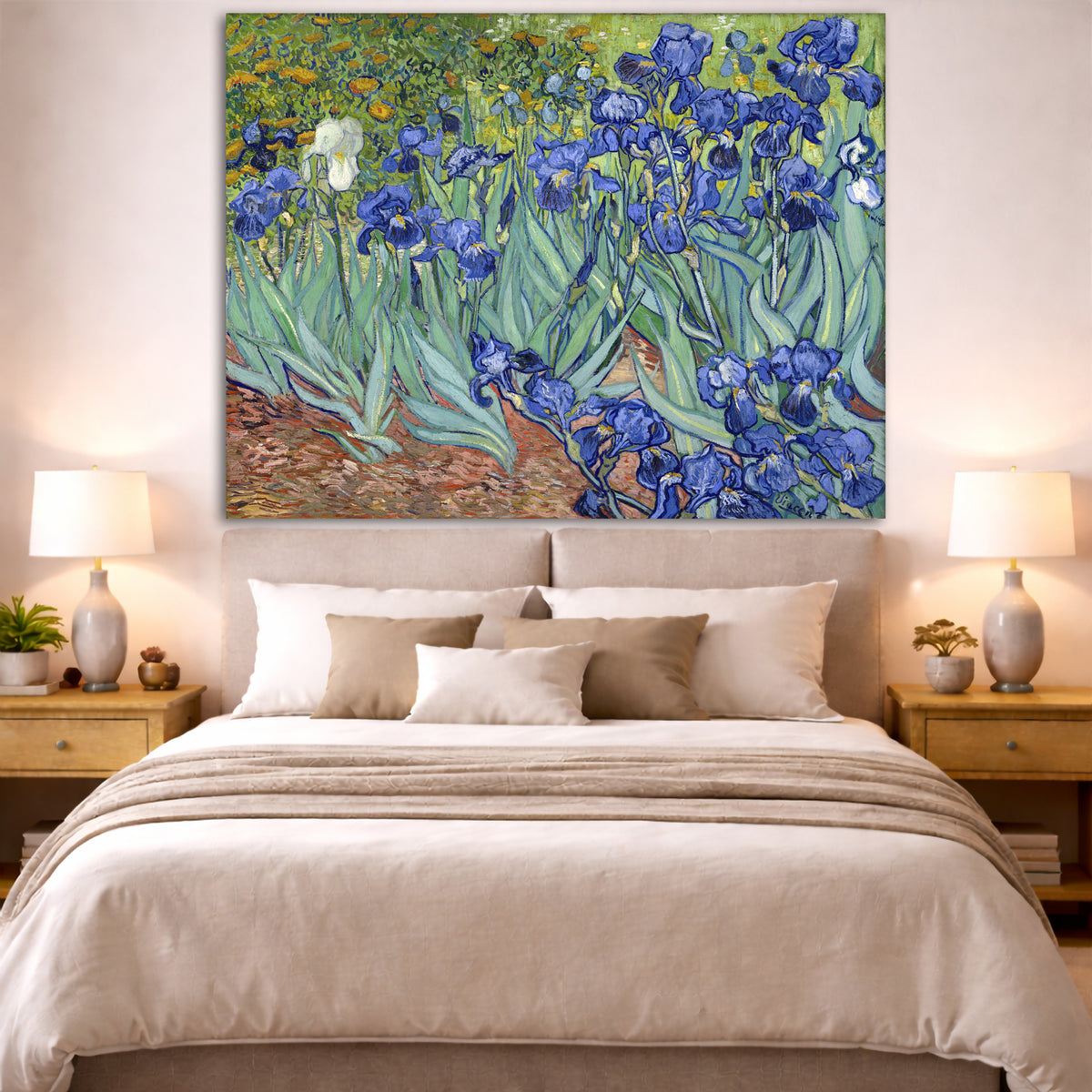 Vincent van Gogh - Irises (1889) Giclée canvas print displayed above a bed in a bedroom interior