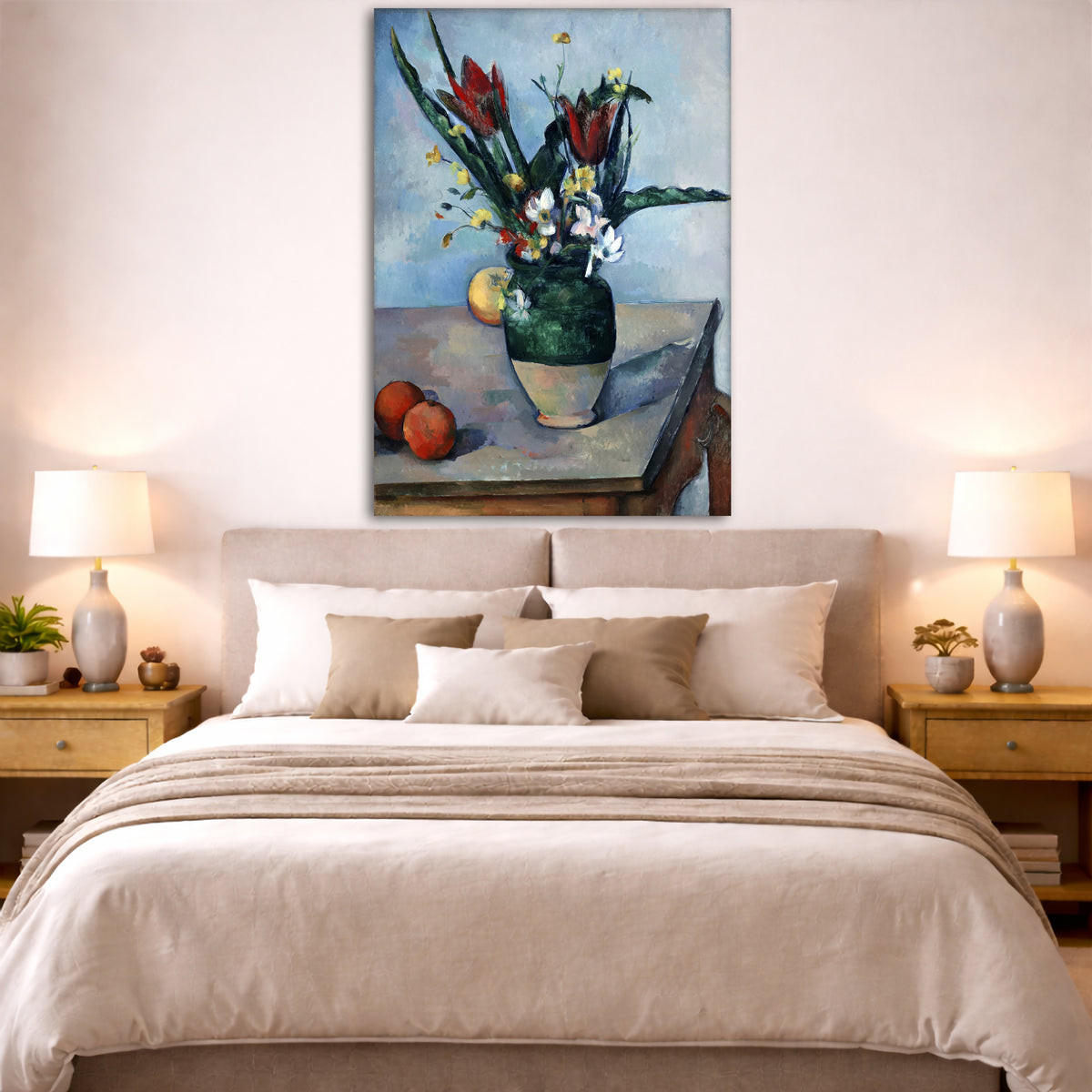 Paul Cézanne - Vase of Tulips Giclée canvas print displayed above a bed in a bedroom interior