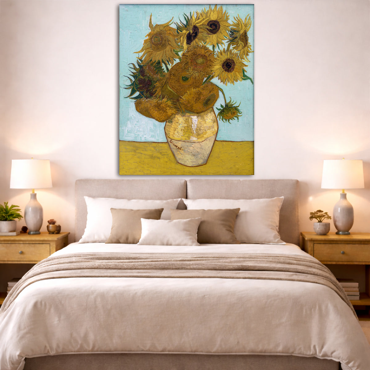 Vincent van Gogh - Sunflowers Giclée canvas print displayed above a bed in a bedroom interior