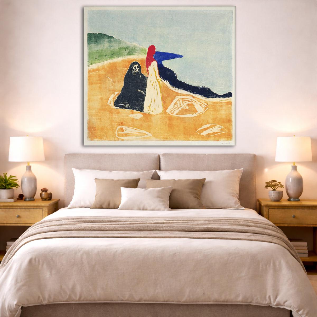 Edvard Munch - Two Women on the Shore Giclée canvas print displayed above a bed in a bedroom interior