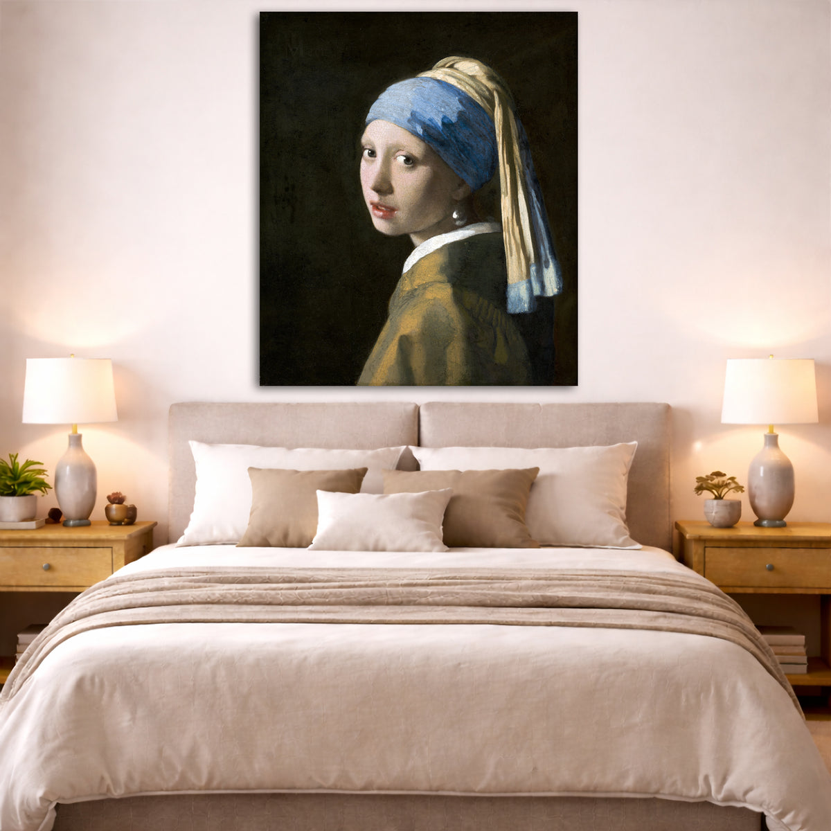 Jan Vermeer - Girl with a Pearl Earring Giclée canvas print displayed above a bed in a bedroom interior