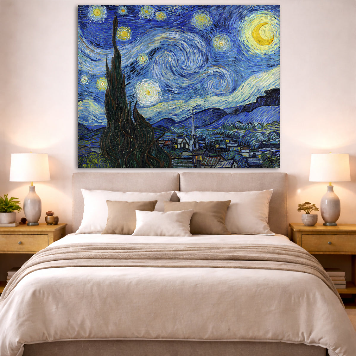 Vincent van Gogh - Starry Night Giclée canvas print displayed above a bed in a bedroom interior