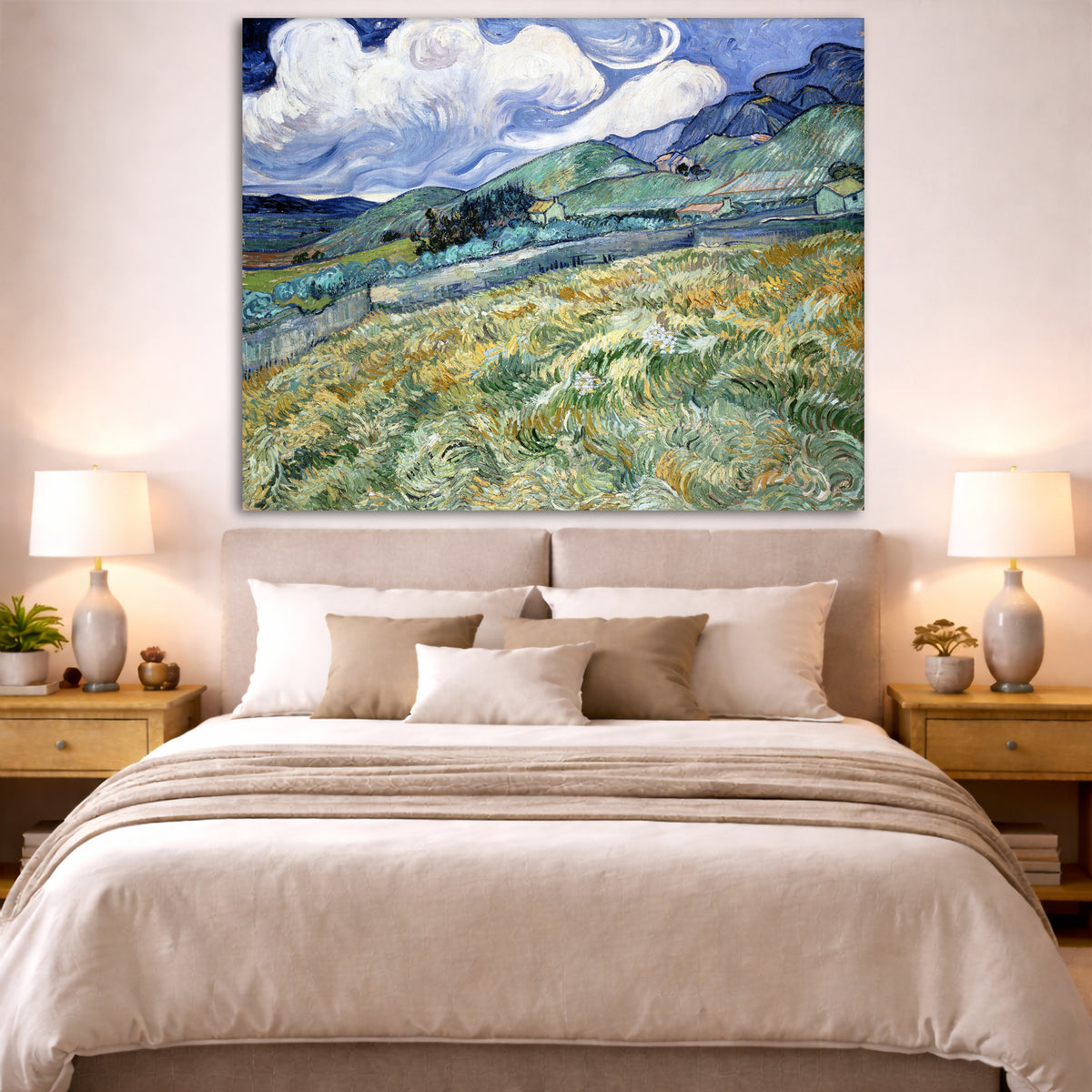 Vincent van Gogh - Landscape from Saint Remy Giclée canvas print displayed above a bed in a bedroom interior