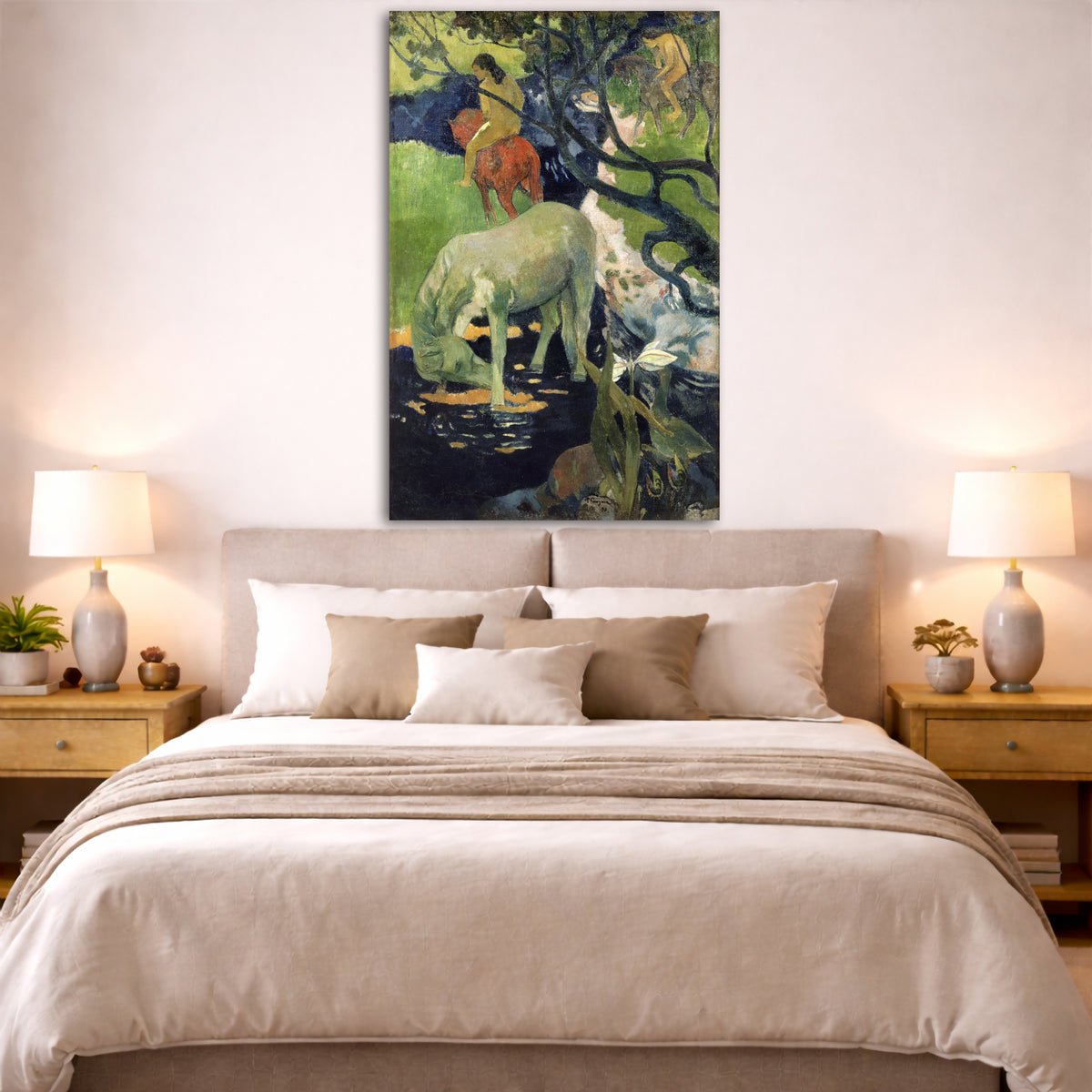 Paul Gauguin - The White Horse Giclée canvas print displayed above a bed in a bedroom interior