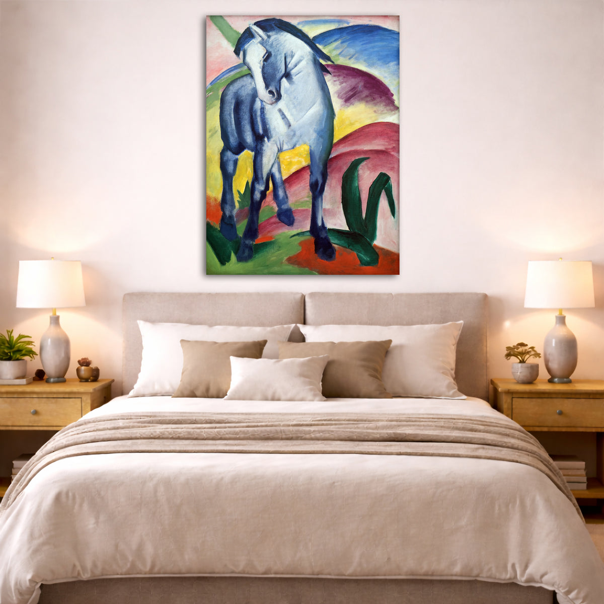 Franz Marc - The Blue Horse Giclée canvas print displayed above a bed in a bedroom interior