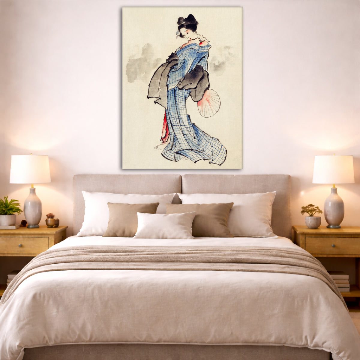 Katsushika Hokusai - Full Length Woman Giclée canvas print displayed above a bed in a bedroom interior