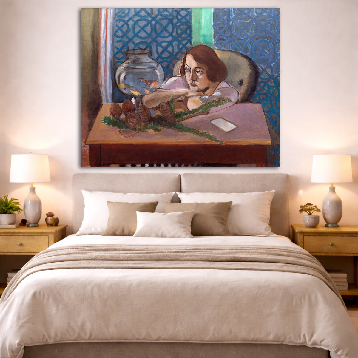 Henri Matisse - Aquarium Giclée canvas print displayed above a bed in a bedroom interior