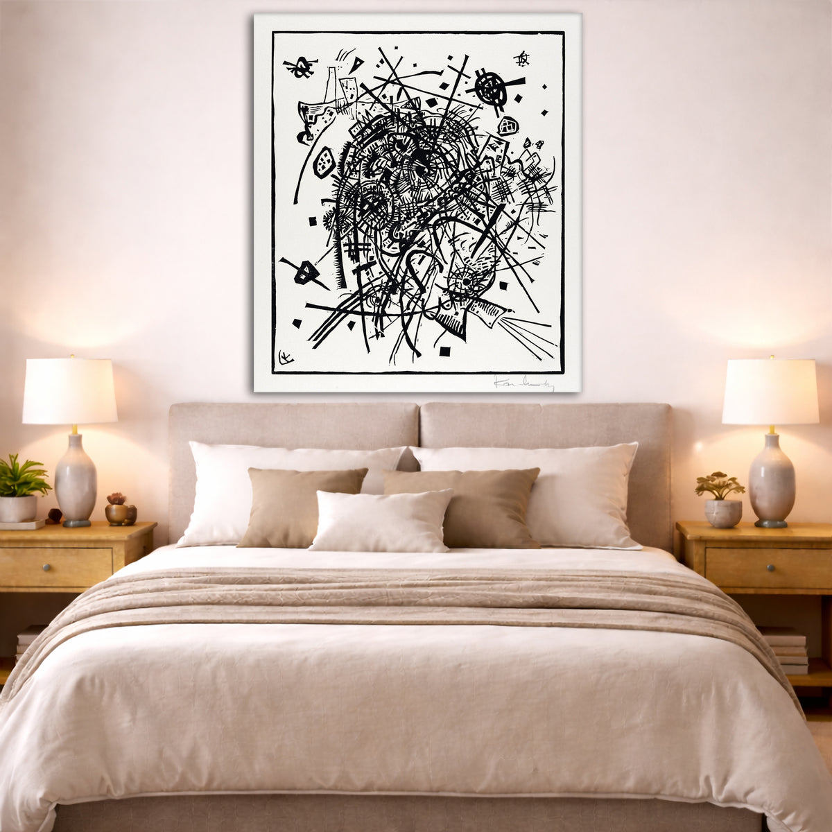 Wassily Kandinsky - Small Worlds VIII Giclée canvas print displayed above a bed in a bedroom interior