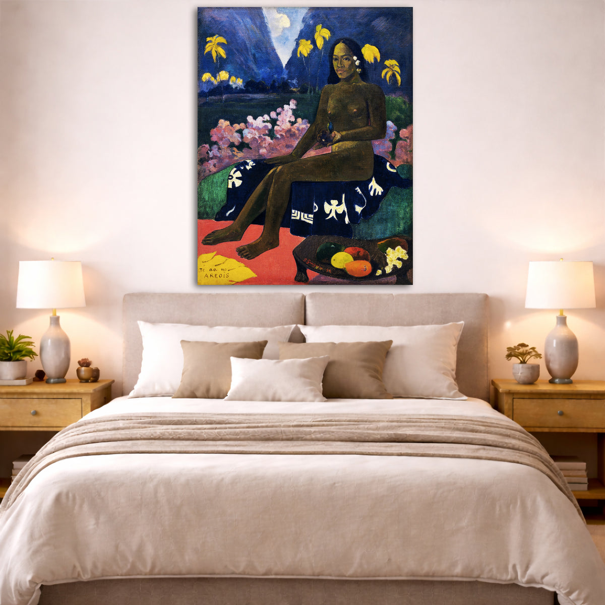 Paul Gauguin - Seed of the Areoi Giclée canvas print displayed above a bed in a bedroom interior