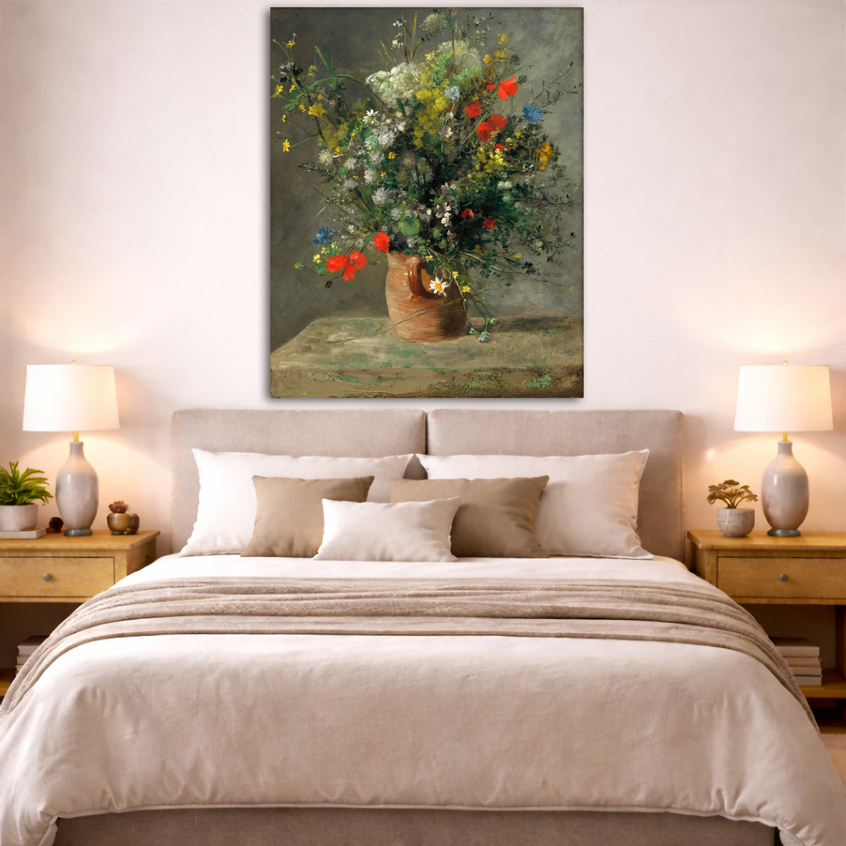 Pierre-Auguste Renoir - Flowers in a Vase Giclée canvas print displayed above a bed in a bedroom interior