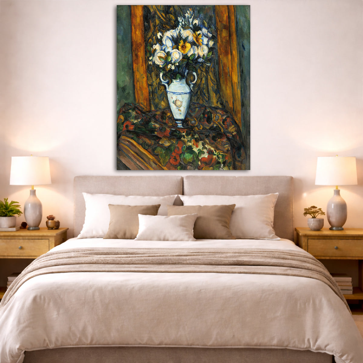 Paul Cézanne - Vase of Flowers Giclée canvas print displayed above a bed in a bedroom interior