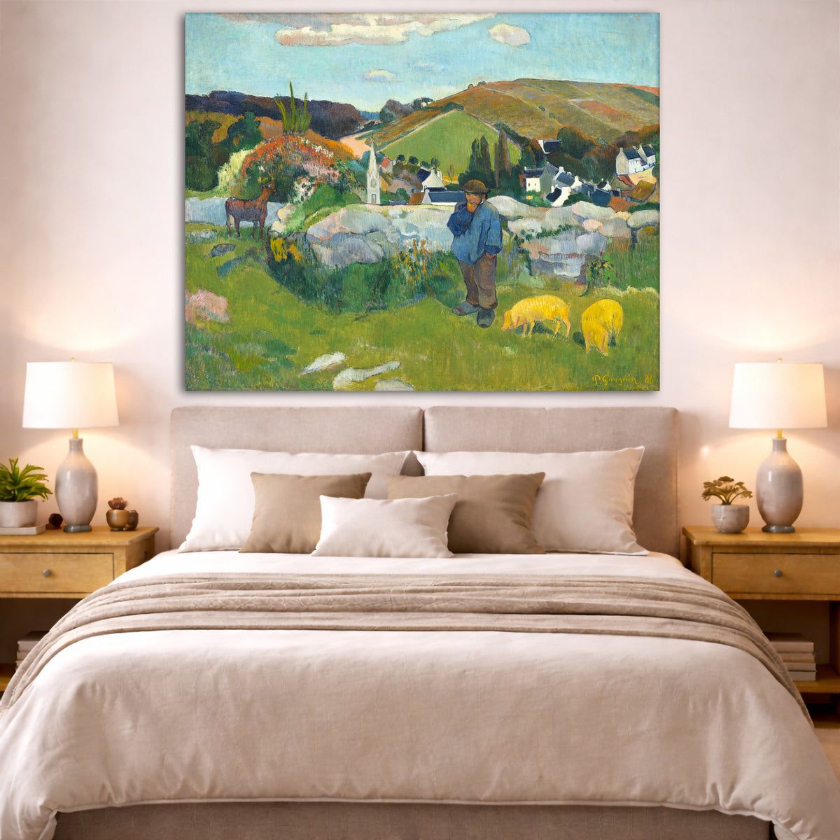 Paul Gauguin - The Swineherd Brittany Giclée canvas print displayed above a bed in a bedroom interior
