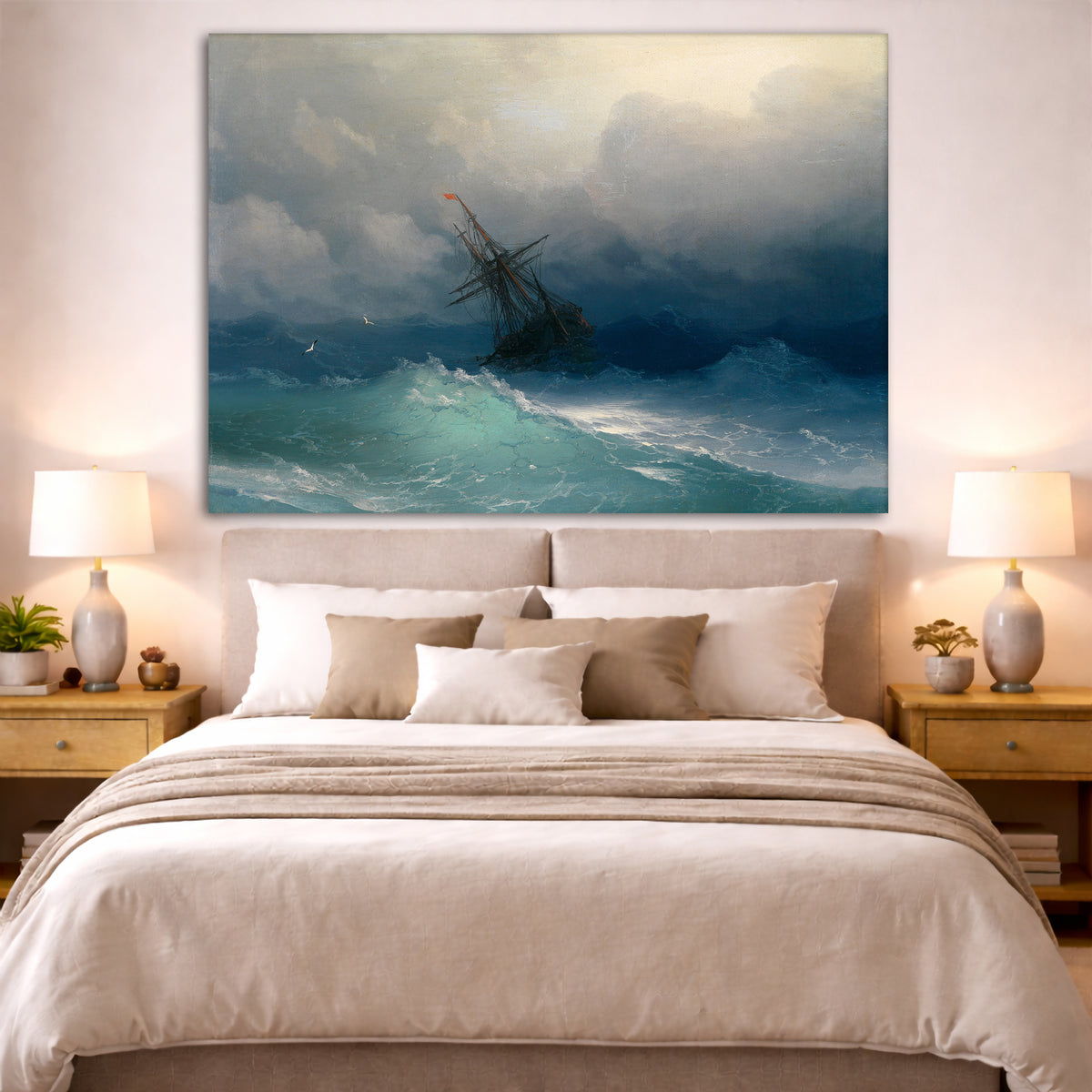 Ivan Aivazovsky - Stormy Sea Giclée canvas print displayed above a bed in a bedroom interior