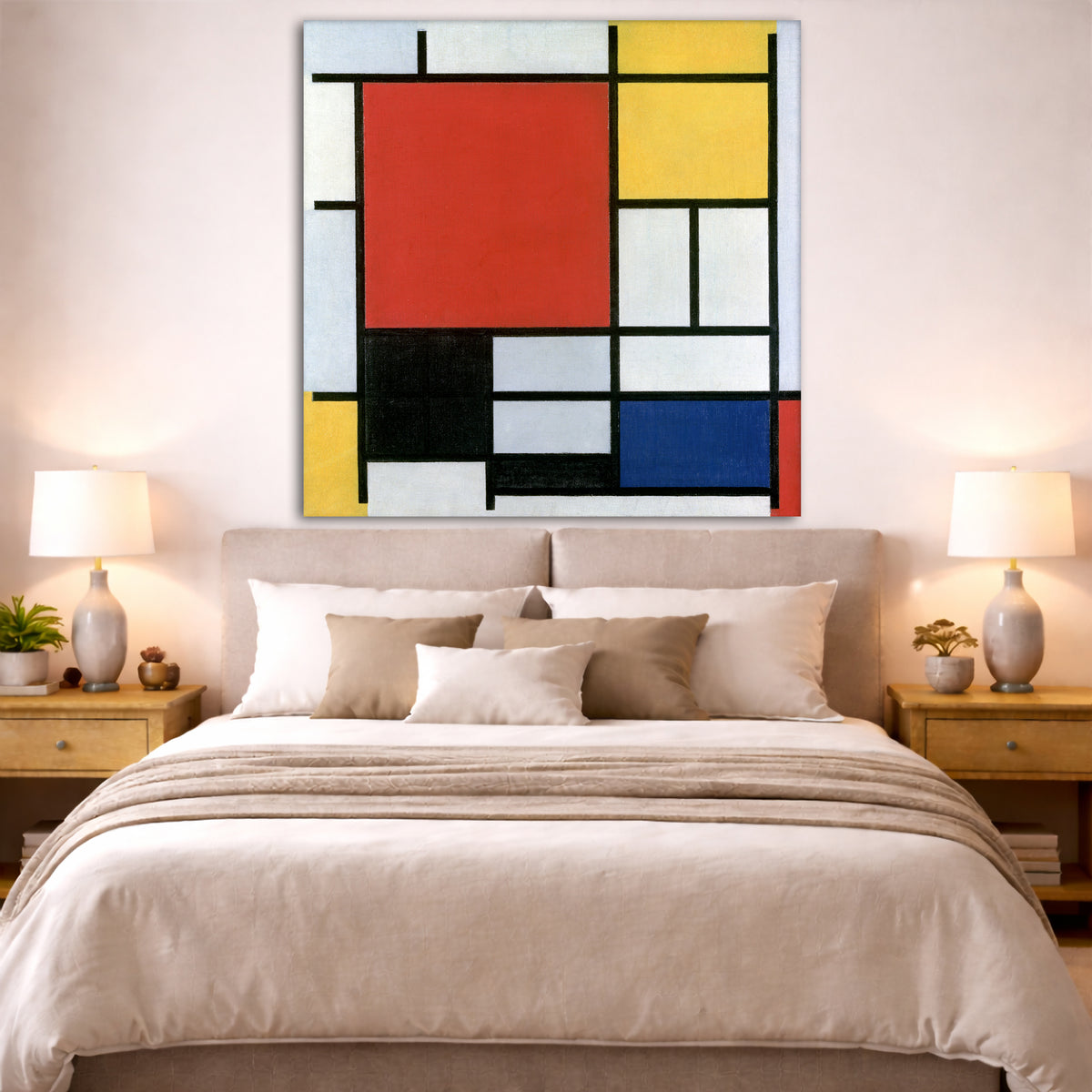 Piet Mondrian - Composition with Red, Yellow, Blue and Black Giclée canvas print displayed above a bed in a bedroom interior