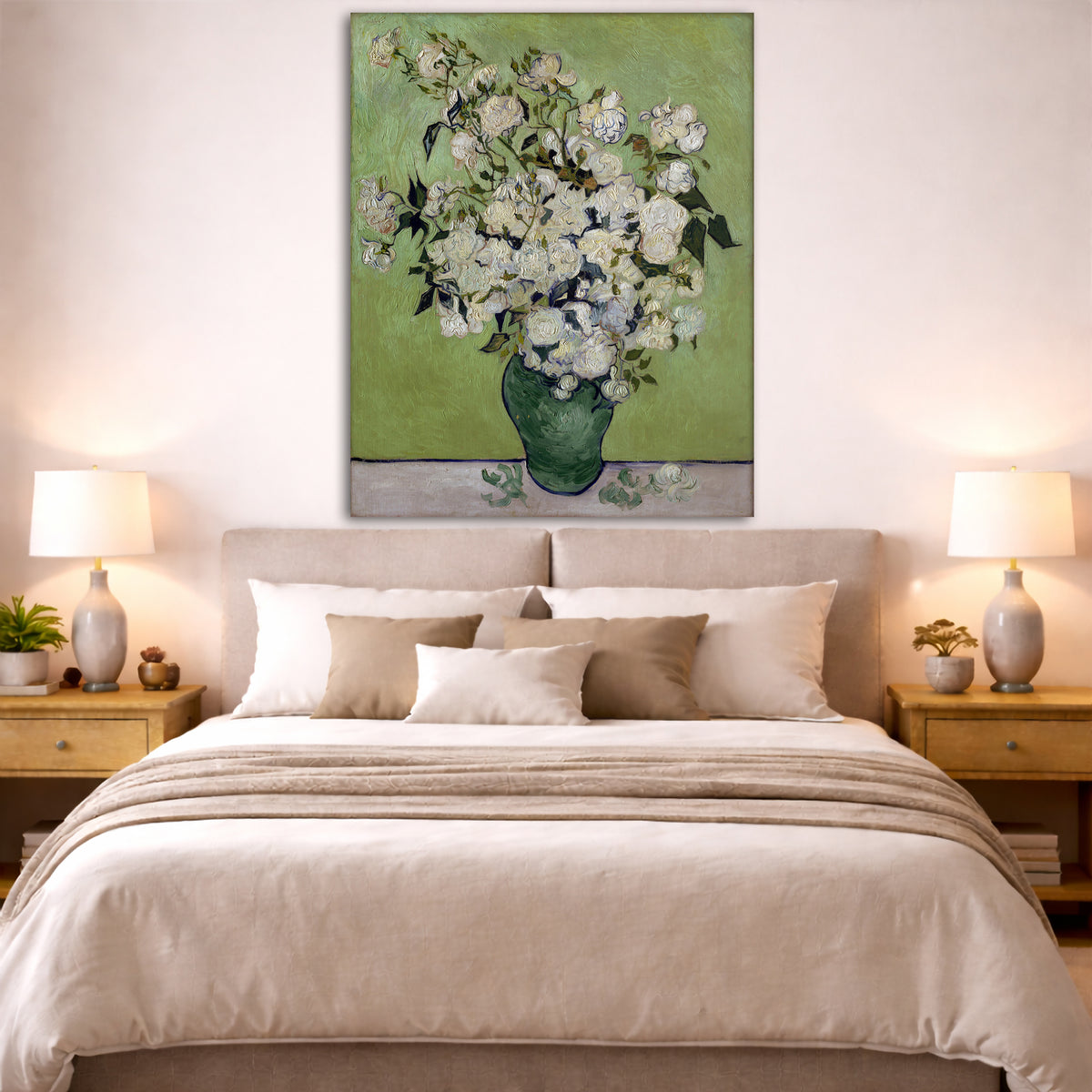 Vincent van Gogh - White Roses Giclée canvas print displayed above a bed in a bedroom interior