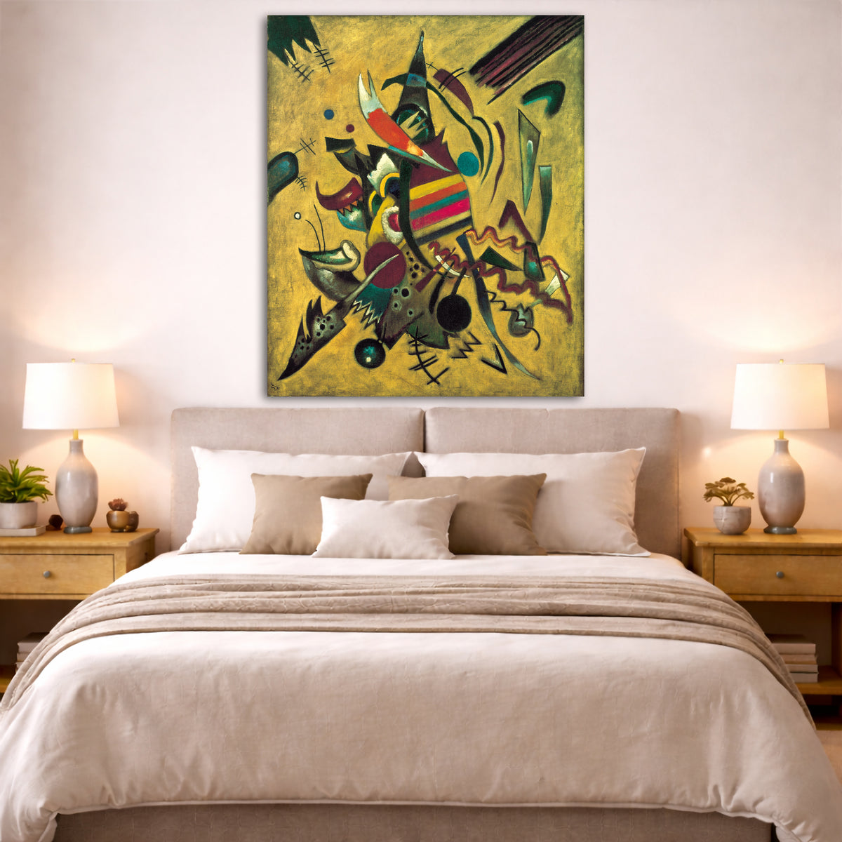 Wassily Kandinsky - Points Giclée canvas print displayed above a bed in a bedroom interior