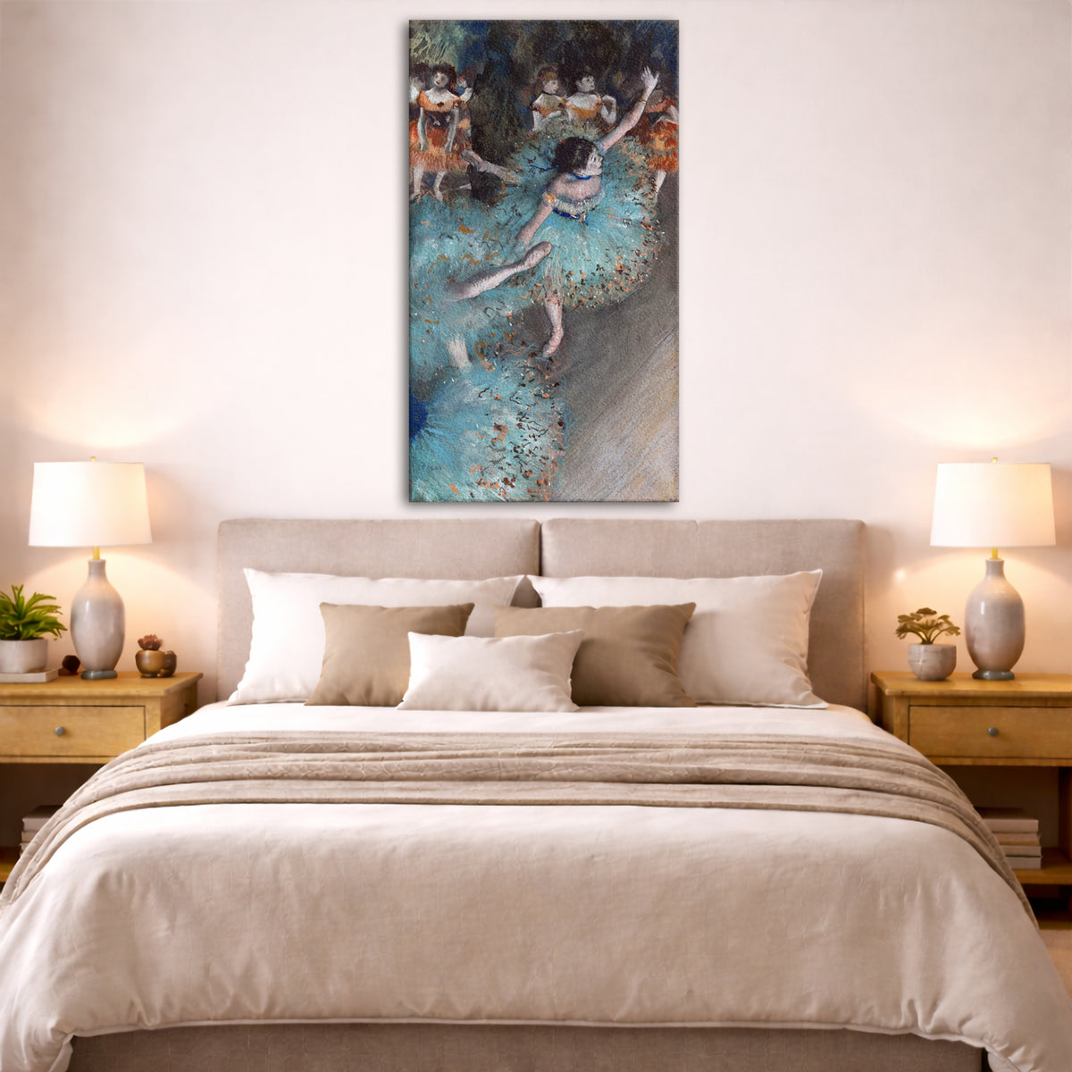Edgar Degas - Swaying Dancer Giclée canvas print displayed above a bed in a bedroom interior