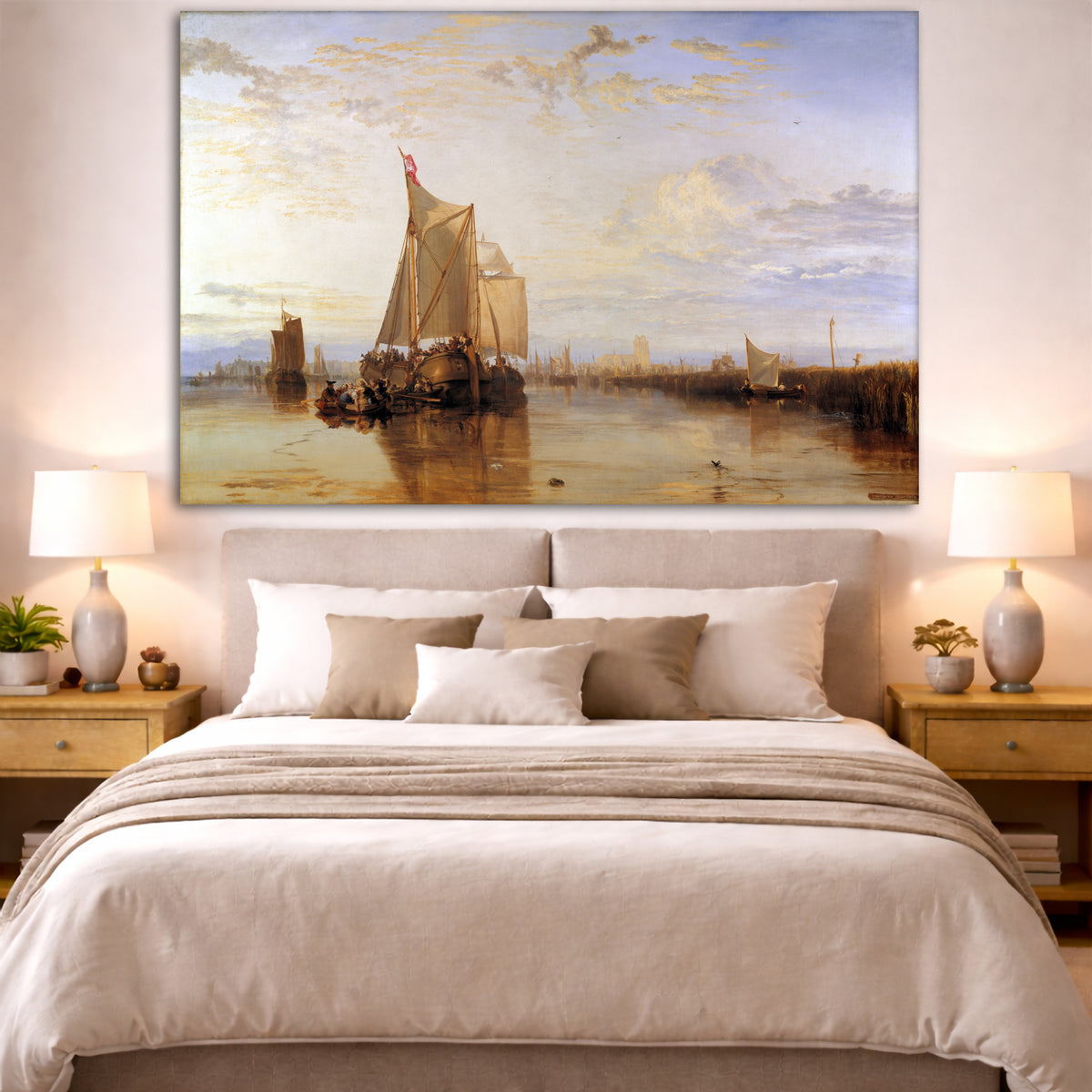 William Turner - The Dort Packet Boat Giclée canvas print displayed above a bed in a bedroom interior