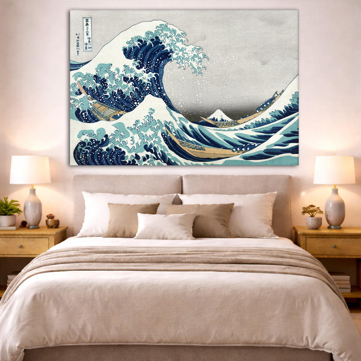 Katsushika Hokusai - The Great Wave off Kanagawa Giclée canvas print displayed above a bed in a bedroom interior