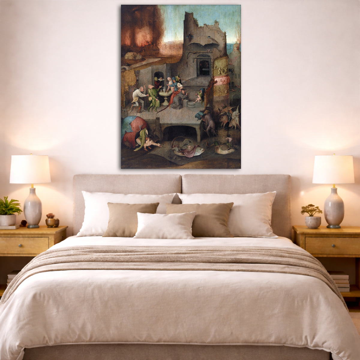 Hieronymus Bosch - St Anthony Giclée canvas print displayed above a bed in a bedroom interior