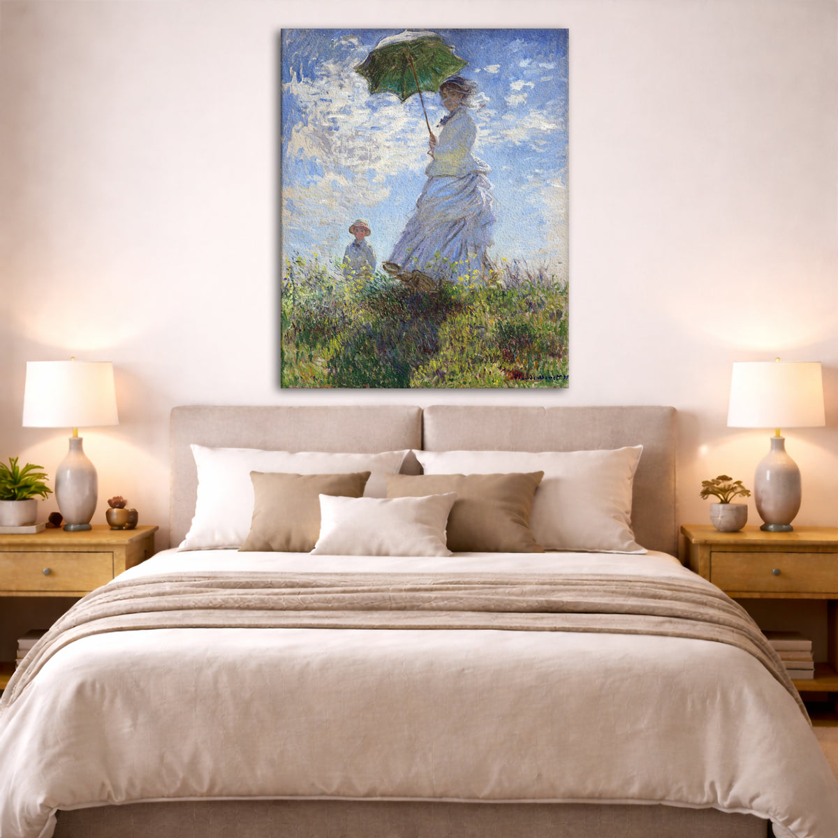 Claude Monet - Woman with Parasol Giclée canvas print displayed above a bed in a bedroom interior
