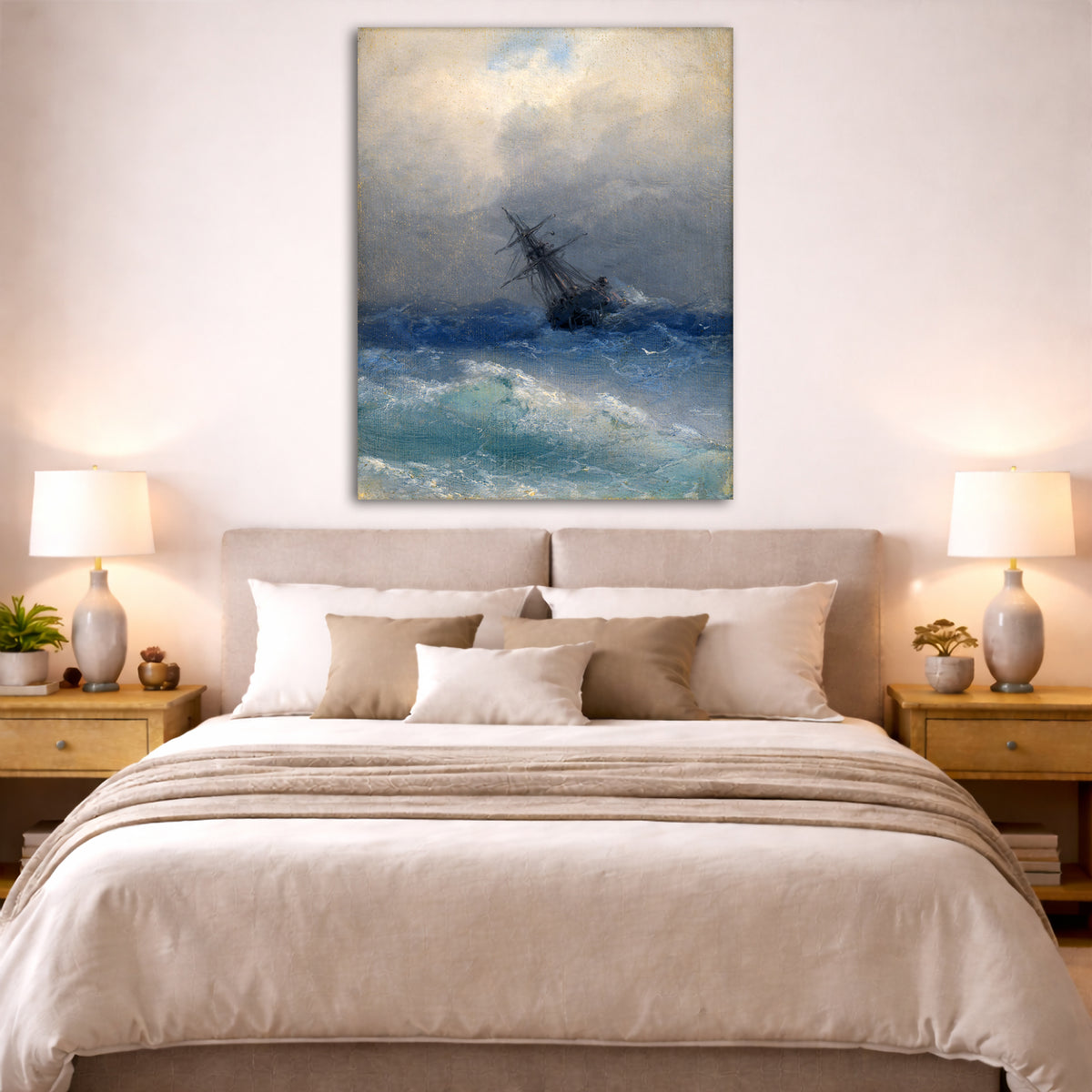 Ivan Aivazovsky - Shipwreck Giclée canvas print displayed above a bed in a bedroom interior