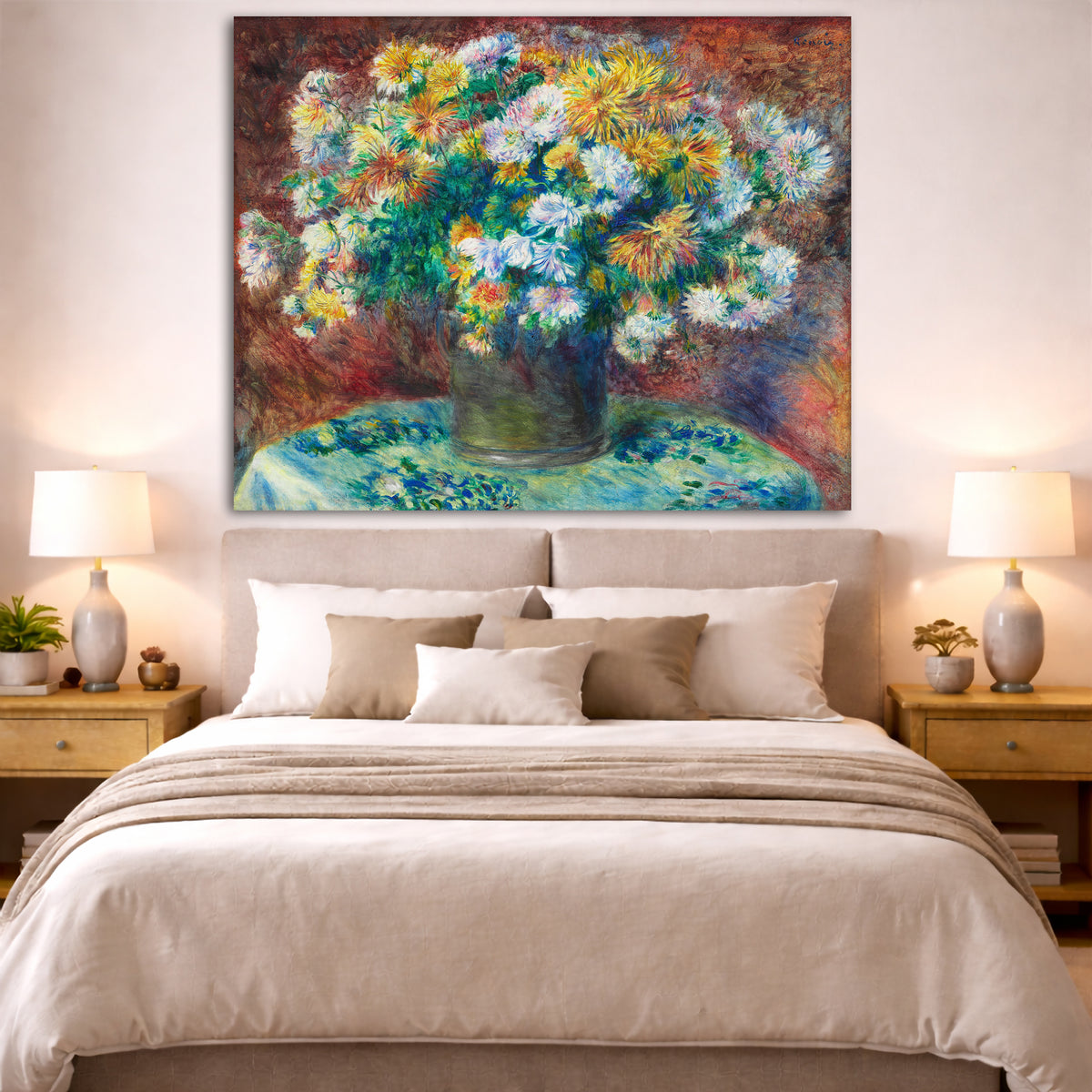 Pierre-Auguste Renoir - Chrysanthemums Giclée canvas print displayed above a bed in a bedroom interior