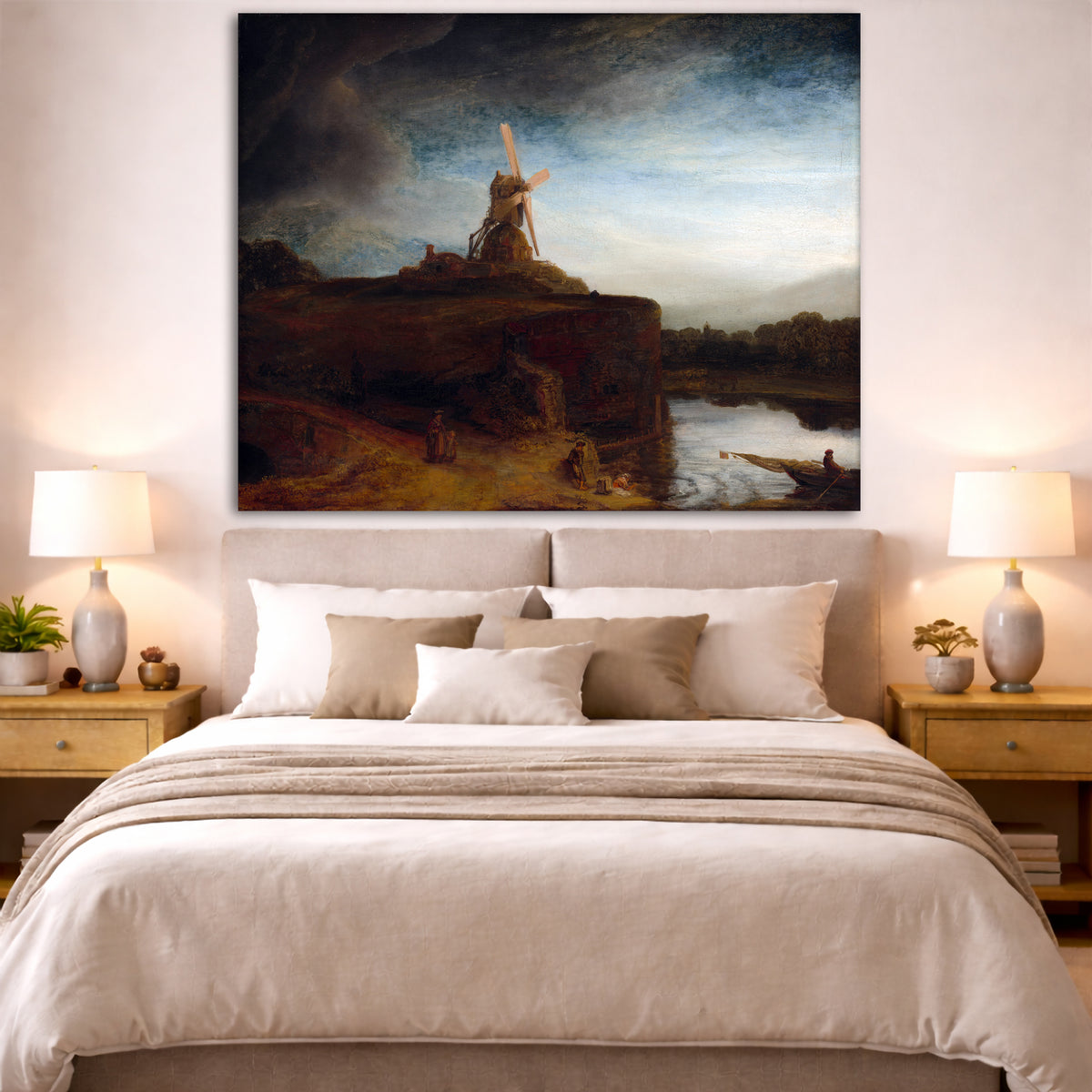 Rembrandt van Rijn - The Mill Giclée canvas print displayed above a bed in a bedroom interior