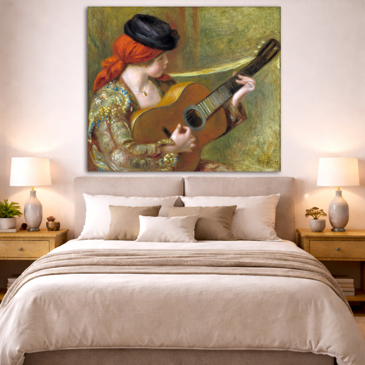 Pierre-Auguste Renoir - Spanish Woman with Guitar Giclée canvas print displayed above a bed in a bedroom interior