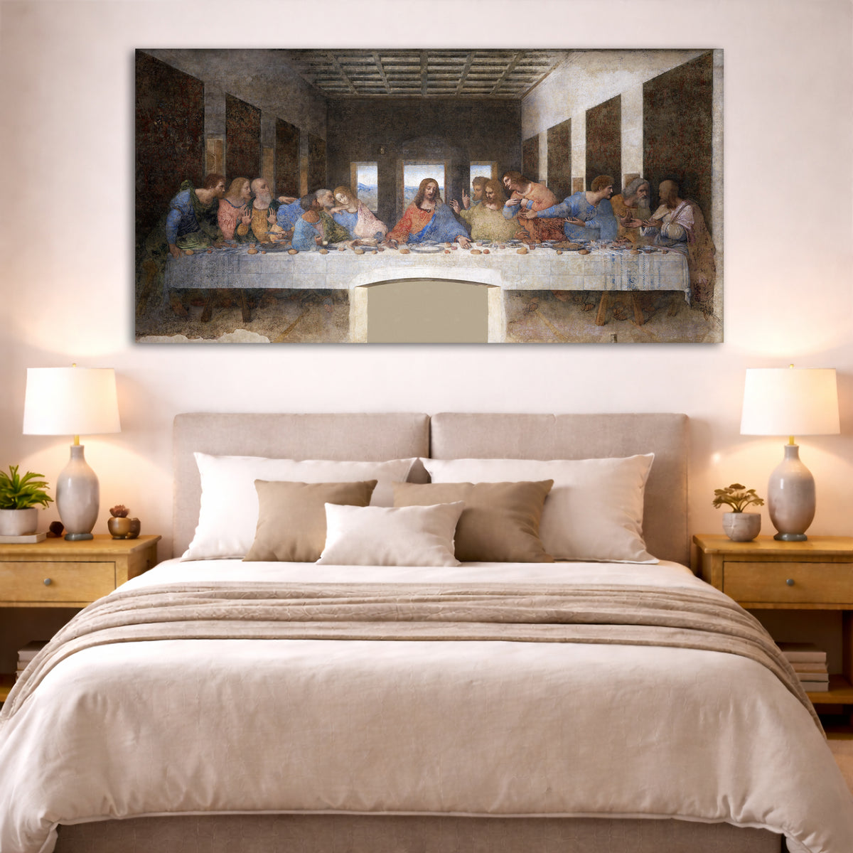 Leonardo Da Vinci - The Last Supper Giclée canvas print displayed above a bed in a bedroom interior