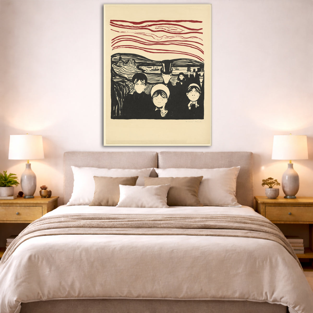 Edvard Munch - Anxiety 1896 Giclée canvas print displayed above a bed in a bedroom interior