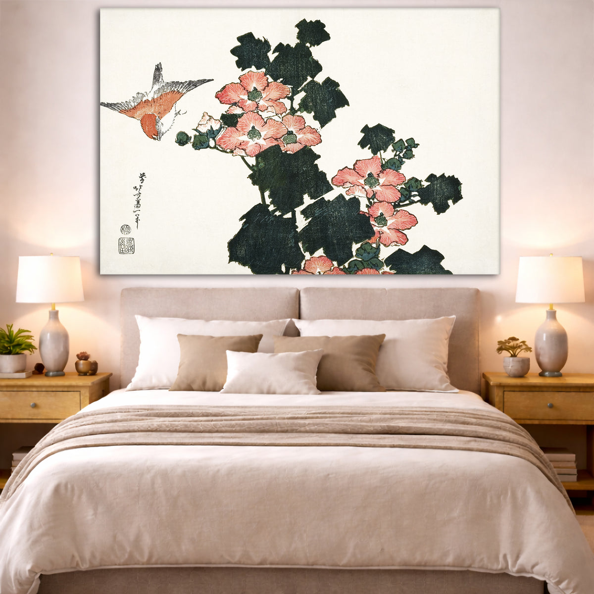 Katsushika Hokusai - Red Roses and Bird Giclée canvas print displayed above a bed in a bedroom interior
