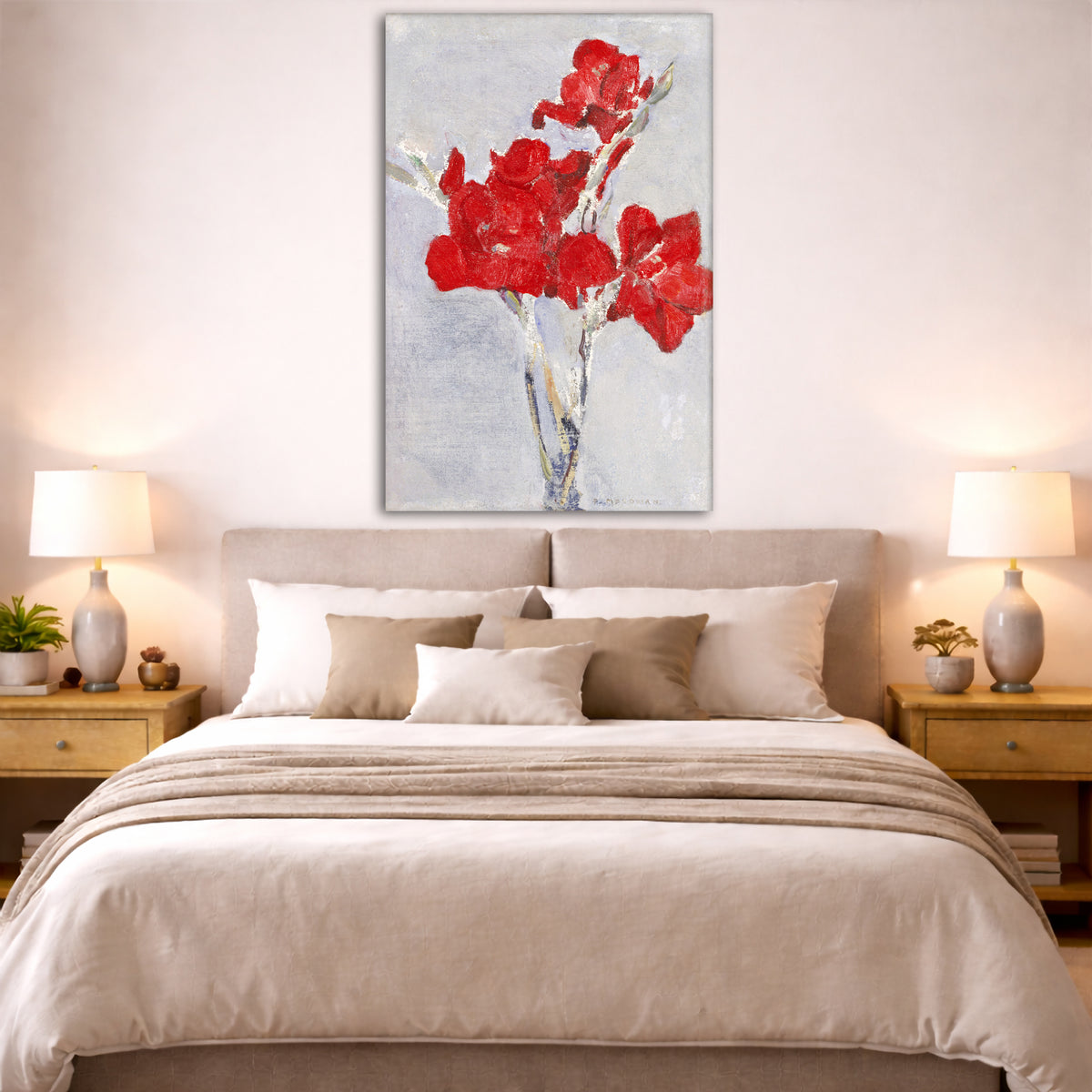 Piet Mondrian - Red Gladioli Giclée canvas print displayed above a bed in a bedroom interior