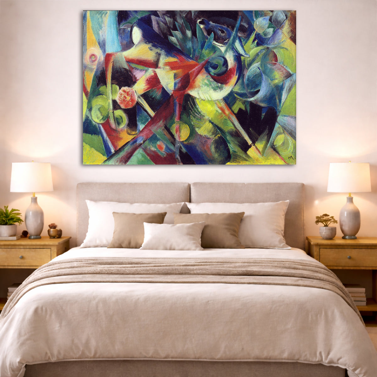 Franz Marc - Deer in a Flower Garden Giclée canvas print displayed above a bed in a bedroom interior