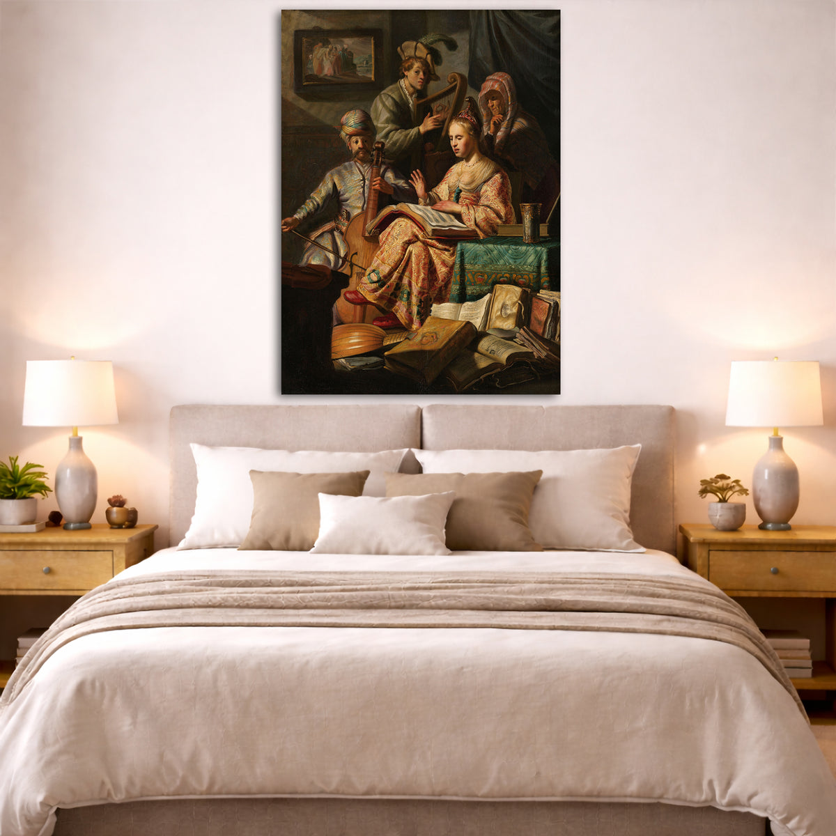 Rembrandt van Rijn - The Music Party Giclée canvas print displayed above a bed in a bedroom interior