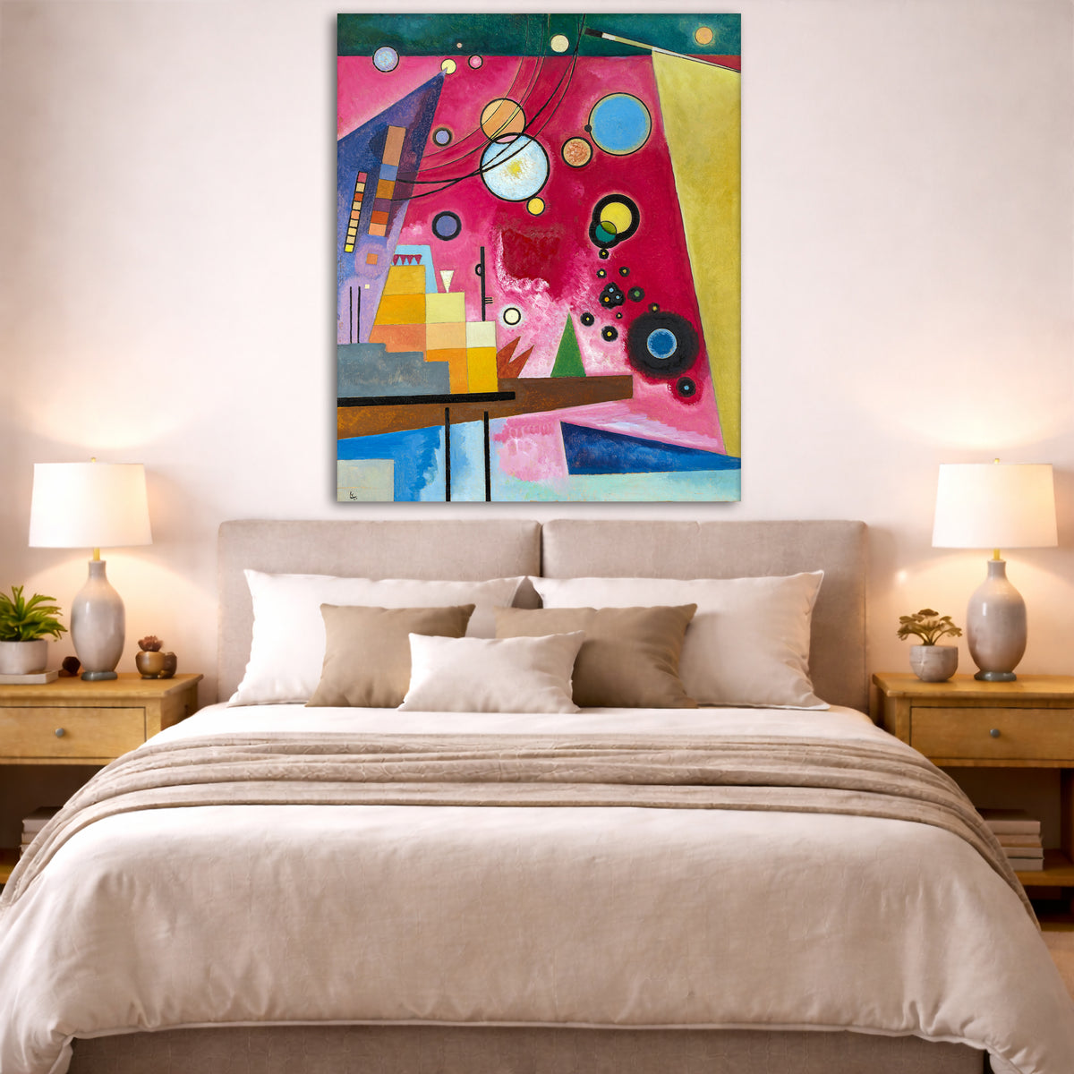 Wassily Kandinsky - Heavy Red Giclée canvas print displayed above a bed in a bedroom interior