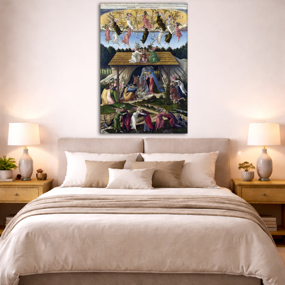 Sandro Botticelli - Mystical Nativitys Giclée canvas print displayed above a bed in a bedroom interior