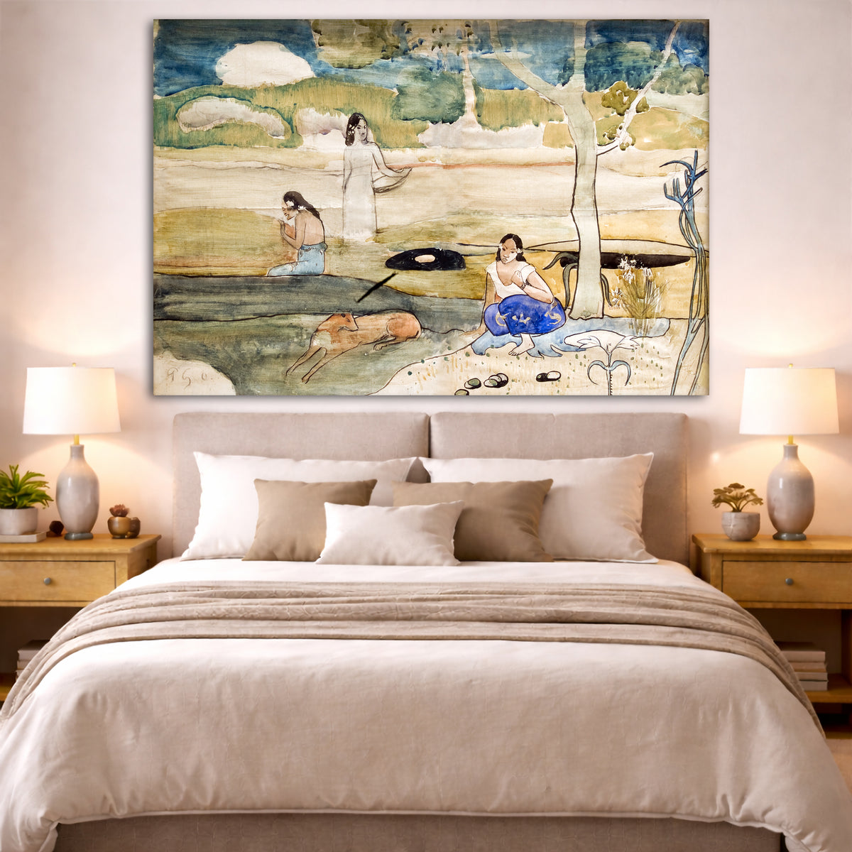 Paul Gauguin - Tahitian Study Giclée canvas print displayed above a bed in a bedroom interior