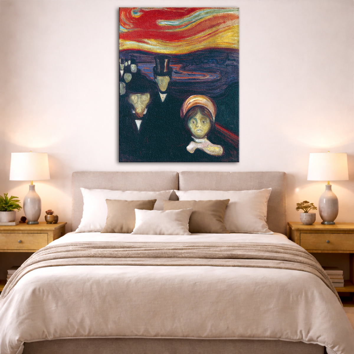 Edvard Munch - Anxiety Color Giclée canvas print displayed above a bed in a bedroom interior