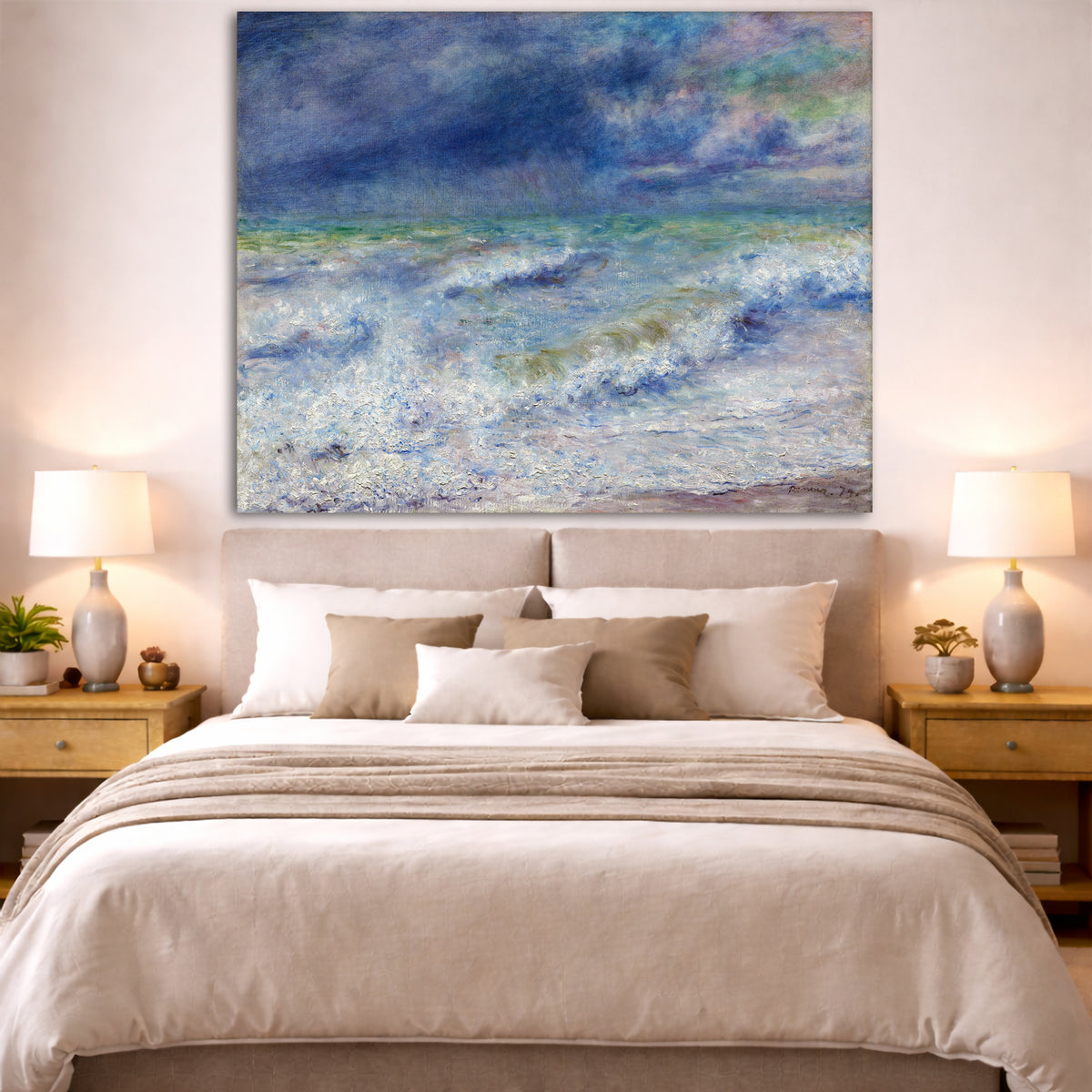 Pierre-Auguste Renoir - Seascape Giclée canvas print displayed above a bed in a bedroom interior