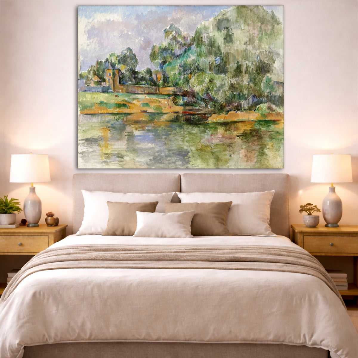 Paul Cézanne - Riverbank Giclée canvas print displayed above a bed in a bedroom interior