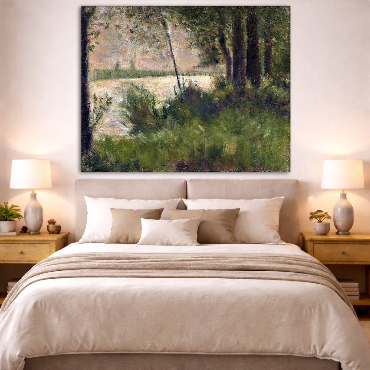Georges Seurat - Grassy Riverbank Giclée canvas print displayed above a bed in a bedroom interior