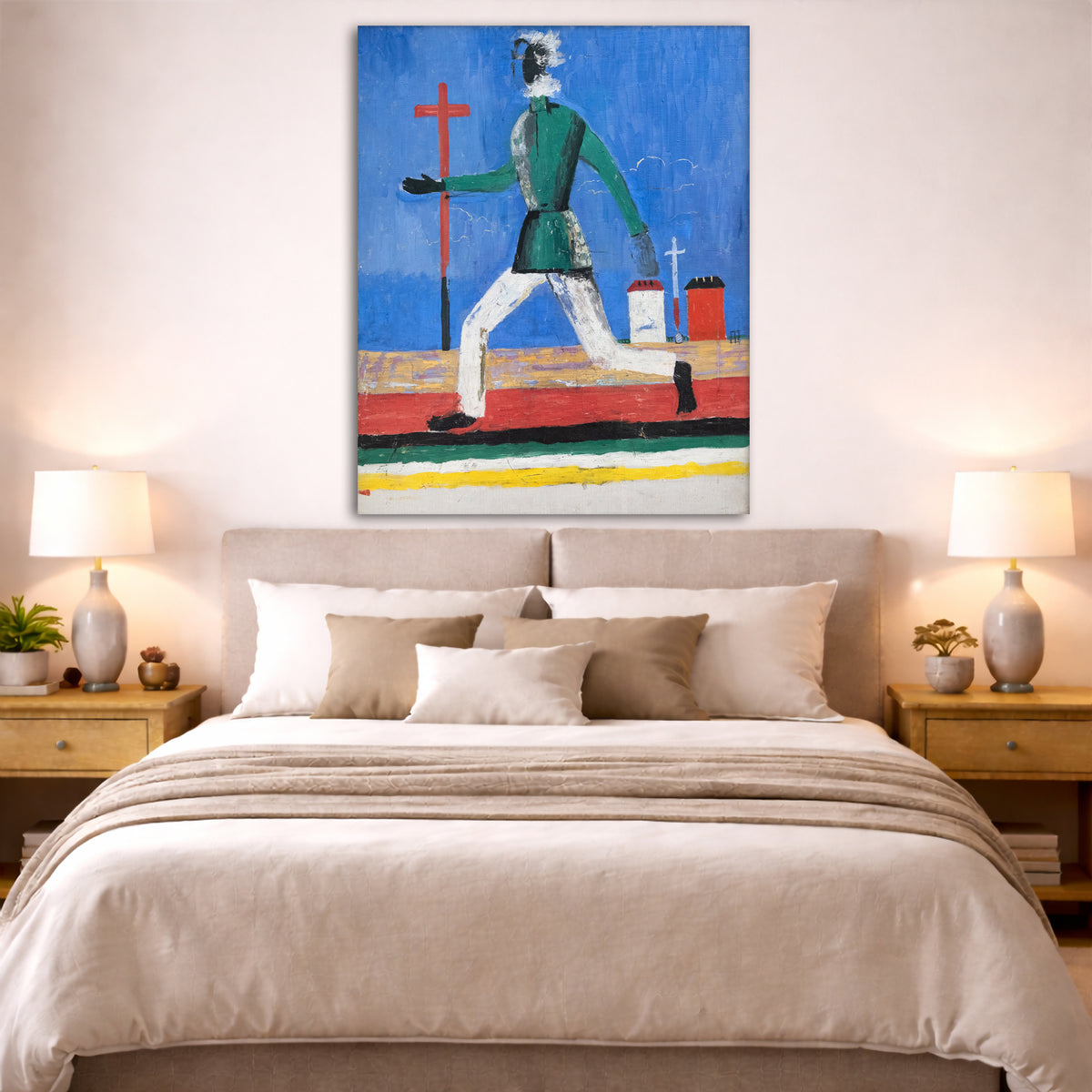 Kazimir Malevich - Running Man Giclée canvas print displayed above a bed in a bedroom interior