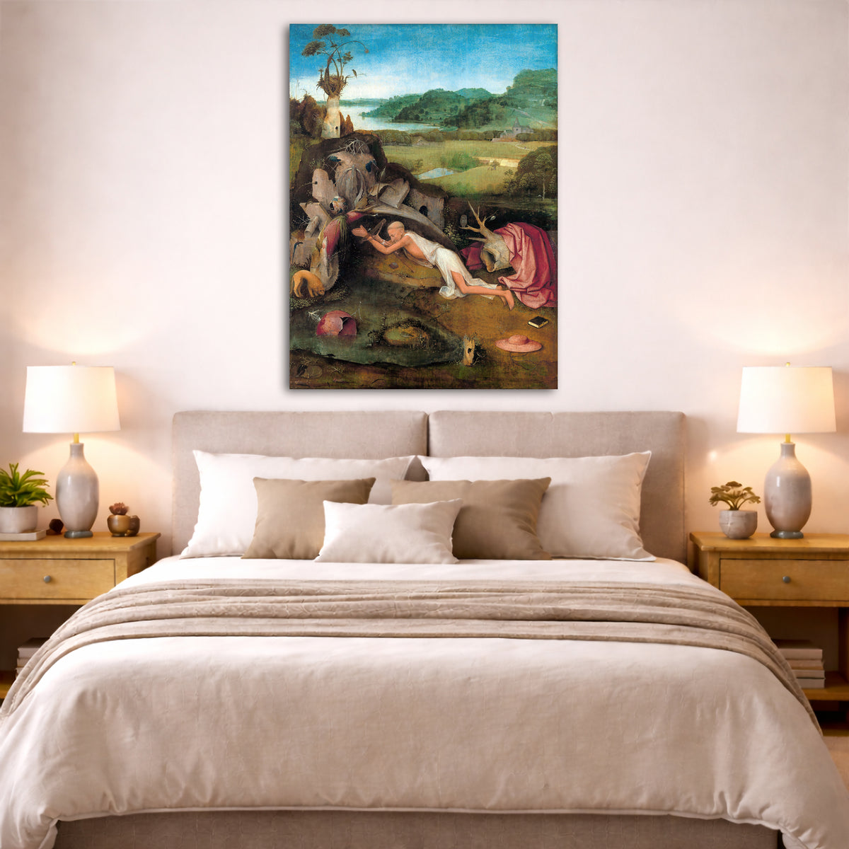 Hieronymus Bosch - St. Jerome at Prayer Giclée canvas print displayed above a bed in a bedroom interior