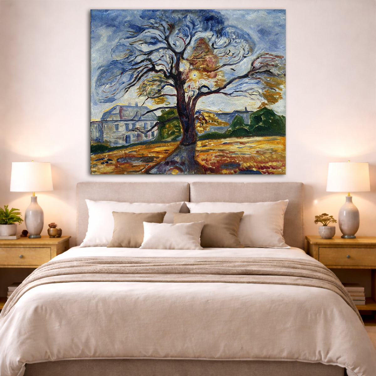 Edvard Munch - The Oak Tree Giclée canvas print displayed above a bed in a bedroom interior