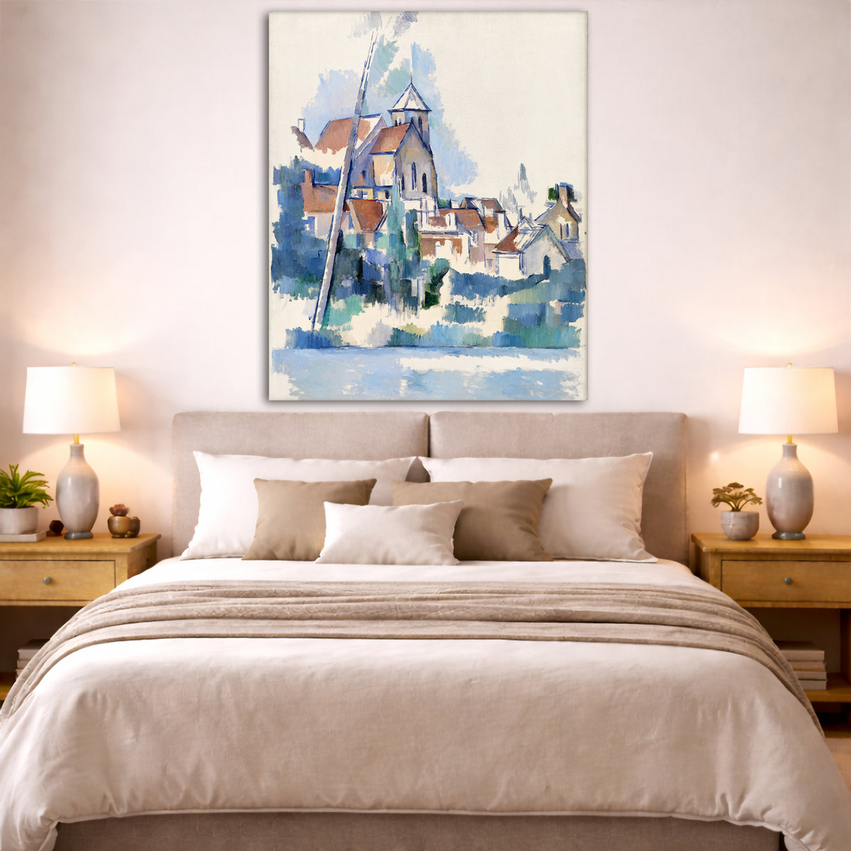 Paul Cézanne - Church at Montigny Giclée canvas print displayed above a bed in a bedroom interior