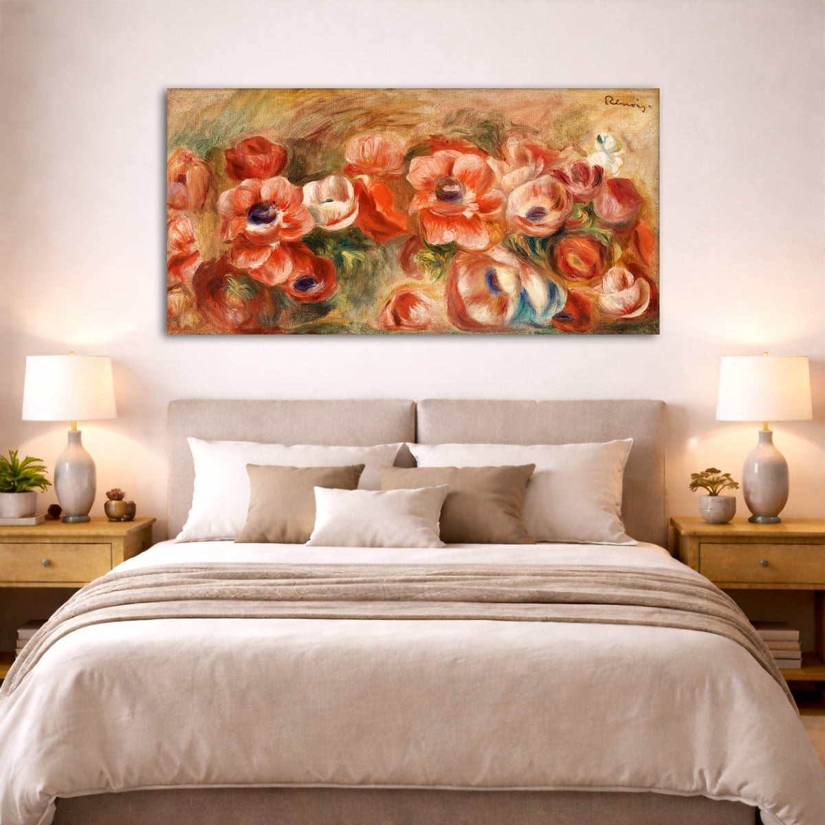 Pierre-Auguste Renoir - Anemones Giclée canvas print displayed above a bed in a bedroom interior